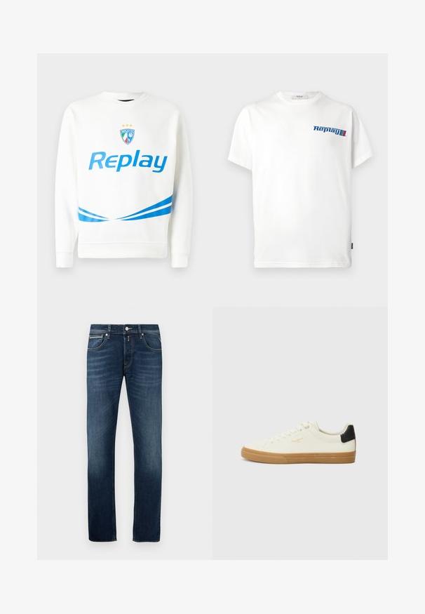 Biely mikina s modrým logom "Replay", tímovým erbom so hviezdami a modrými diagonálnymi pruhmi na páse a rukávoch. Mäkká textúra.; Biele bavlnené tričko s modrým logom "Replay" na hrudi; voľný strih s krátkymi rukávmi a okrúhlym výstrihom.; Tmavomodré rovné džínsy so slabým vyblednutím na stehnách, piatimi vreckami a kovovým gombíkom na uzavretie v páse.; Biele plátenné tenisky s gumovou podrážkou, čiernym akcentom na päte, okrúhlou špičkou a šnurovacími detailmi. Na boku sa nachádza zlaté logo značky.