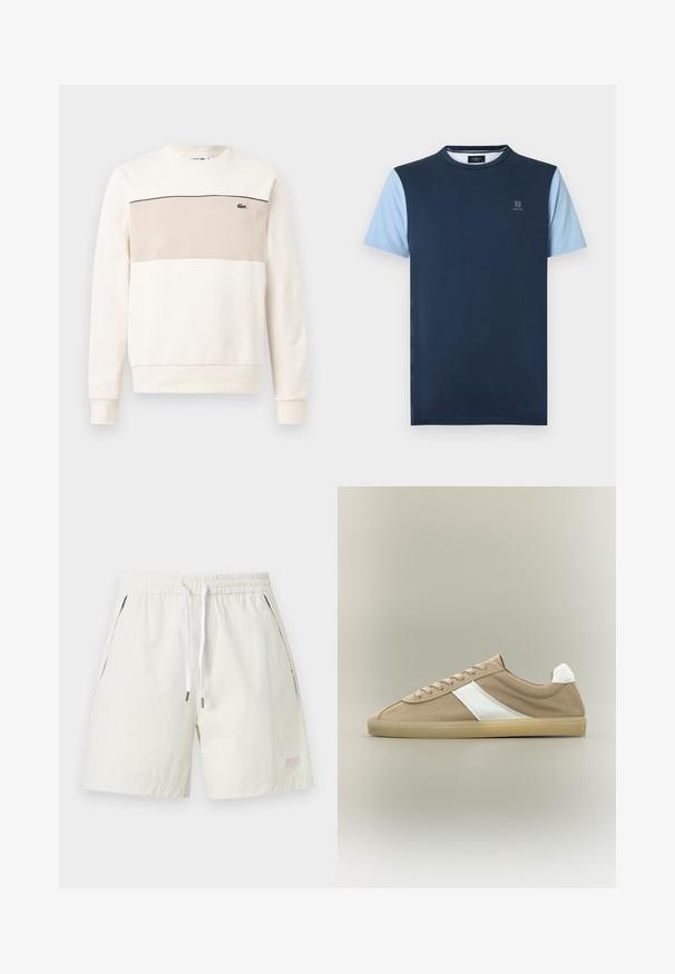 Sweat-shirt à encolure ras-du-cou avec manches longues, couleur crème, panneau beige sur la poitrine, fine bande noire et petit logo crocodile vert sur le côté gauche de la poitrine.; T-shirt bleu marine avec manches courtes bleu clair, col rond et petit logo sur la poitrine. Matière en coton avec une texture lisse.; Shorts blancs à taille élastique avec cordon, poches latérales et petit logo brodé près de l'ourlet gauche.; Baskets en daim marron clair avec semelle beige, languette de talon blanche, bande latérale blanche et fermeture à lacets sur fond neutre.