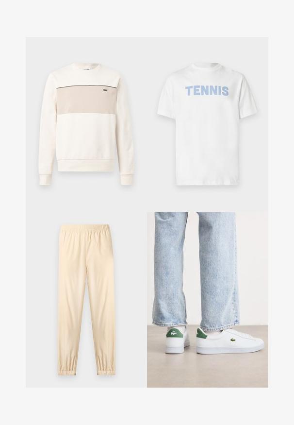 Sweat-shirt à encolure ras-du-cou avec manches longues, couleur crème, panneau beige sur la poitrine, fine bande noire et petit logo crocodile vert sur le côté gauche de la poitrine.; T-shirt en coton blanc à manches courtes, avec le mot « TENNIS » en lettres capitales bleu clair sur la poitrine.; Pantalon beige clair à taille élastique avec poignets froncés, coupe droite et tissu lisse, présenté sur un fond clair uni.; Baskets blanches en cuir avec des accents verts sur le talon et un logo brodé. Texture lisse, design basse-tongue, associées à un jean bleu clair.