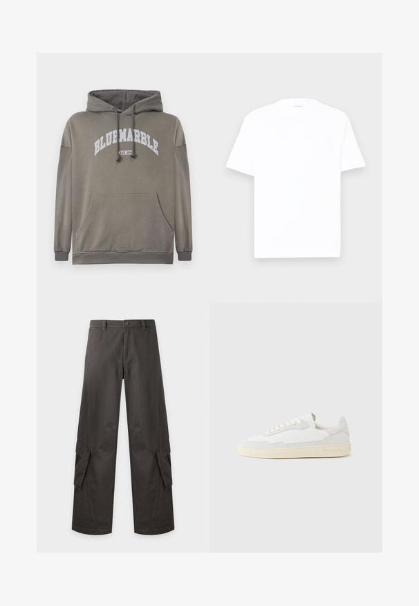 Ελιά καφετί hoodie με μπροστινή τσέπη, κουκούλα με κορδόνι και λευκό γραφικό "BLUEMARBLE EST. 2015". Διαθέτει ριμπ μανσέτες και στρίφωμα.; Λευκό βαμβακερό μπλουζάκι με στρογγυλή λαιμόκοψη, κοντά μανίκια και χαλαρή γραμμή. Λείος υφασμάτινος σχηματισμός, ελάχιστες λεπτομέρειες και χωρίς μοτίβα ή γραφικά.; Σκούρο γκρι παντελόνια cargo με φαρδιά μπατζάκια, τσέπες με καπάκια στους μηρούς, θηλιές για ζώνη, κούμπωμα με κουμπί και φερμουάρ μπροστά.; Λευκό αθλητικό παπούτσι με επάνω μέρος από σουέτ και δέρμα με υφή. Διαθέτει στρογγυλή μύτη, κλείσιμο με κορδόνια και αντίθετη μπεζ καουτσούκ σόλα.