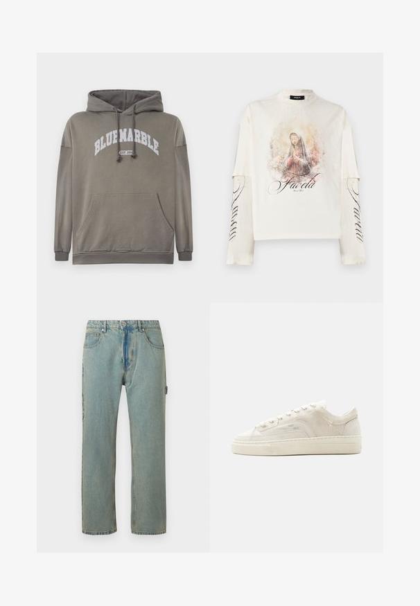Sudadera de color verde oliva con un bolsillo frontal, capucha con cordón y gráfico blanco "BLUEMARBLE EST. 2015". Incluye puños y dobladillo acanalados.; Camisa blanca de manga larga con mangas en capas, con ilustración de una mujer rezando y texto "Favela" en el frente y la manga.; Vaqueros de denim de corte suelto en azul claro, con cinco bolsillos, cierre de botón y costuras visibles. La tela tiene un aspecto desgastado y texturizado.; Zapatilla blanca de caña baja con cierre de cordones, parte superior de tela texturizada y suela gruesa de goma, mostrada desde el lado exterior sobre un fondo llano.
