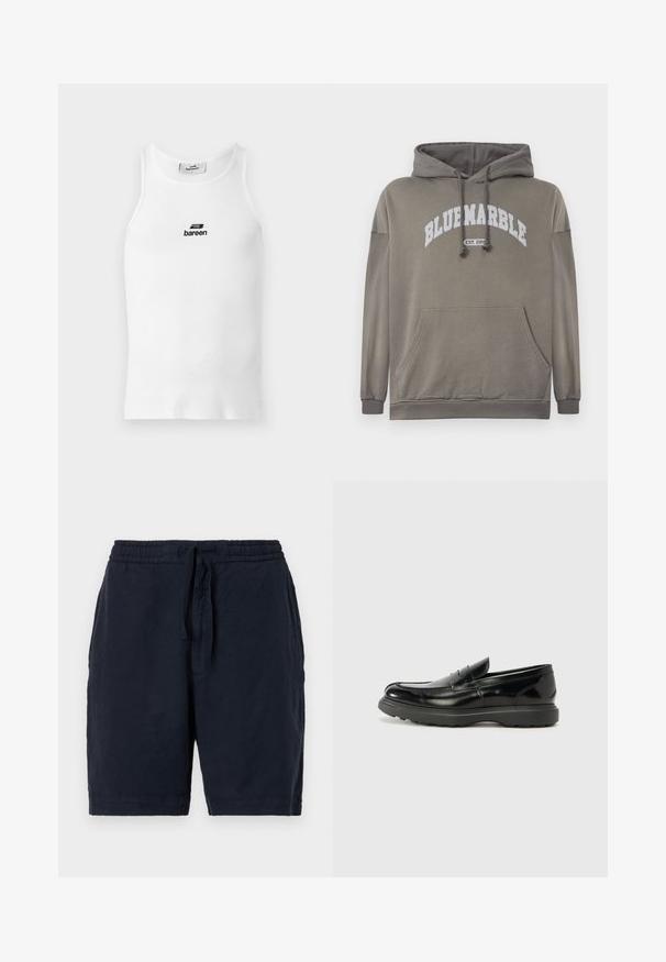 Hoodie vert olive avec une poche frontale, capuche à cordon et graphique blanc "BLUEMARBLE EST. 2015". Présente des poignets et un ourlet côtelés.; Débardeur blanc côtelé sans manches avec encolure ronde et logo noir « bareen » centré sur la poitrine.; Shorts en lin navy avec une taille élastique et un cordon de serrage, offrant une coupe décontractée et une surface légèrement texturée.; Mocassin en cuir noir avec une finition brillante, bout arrondi, détails de couture subtils et semelle en caoutchouc épaisse pour la durabilité.