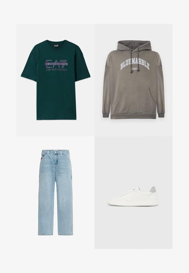 Oliven grøn hættetrøje med lommer foran, snoretræk i hætten og hvid "BLUEMARBLE EST. 2015" grafik. Har ribbede manchetter og kant.; Mørkegrøn bomulds t-shirt med et lilla logo print "EA7 Emporio Armani" over brystet. Klassisk rund hals og korte ærmer.; Lyseblå denimjeans med høj talje, brede ben og synlige sømme. Har en forlommer og rød broderi på den ene side.; Hvid lavtop-sneaker med gråt hælflig, hvide snørebånd og tekstureret sål, vist på en ensfarvet lys baggrund.