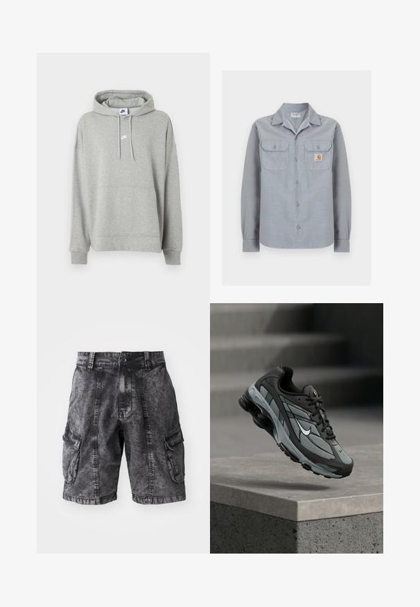 Sweat à capuche Nike gris clair avec poche kangourou à l'avant, capuche avec cordon de serrage ajustable, poignets côtelés et petit logo Nike blanc sur la poitrine.; Chemise à manches longues gris clair avec deux poches poitrine, dont une avec un petit patch logo Carhartt sur le côté droit.; Shorts cargo en denim noir avec une texture délavée, deux poches latérales et une fermeture à bouton. Longueur genoux avec des coutures renforcées.; Baskets athlétiques grises et noires avec panneaux en mesh et semelle épaisse, positionnées en plein air au-dessus d'un rebord en béton avec des escaliers en arrière-plan.
