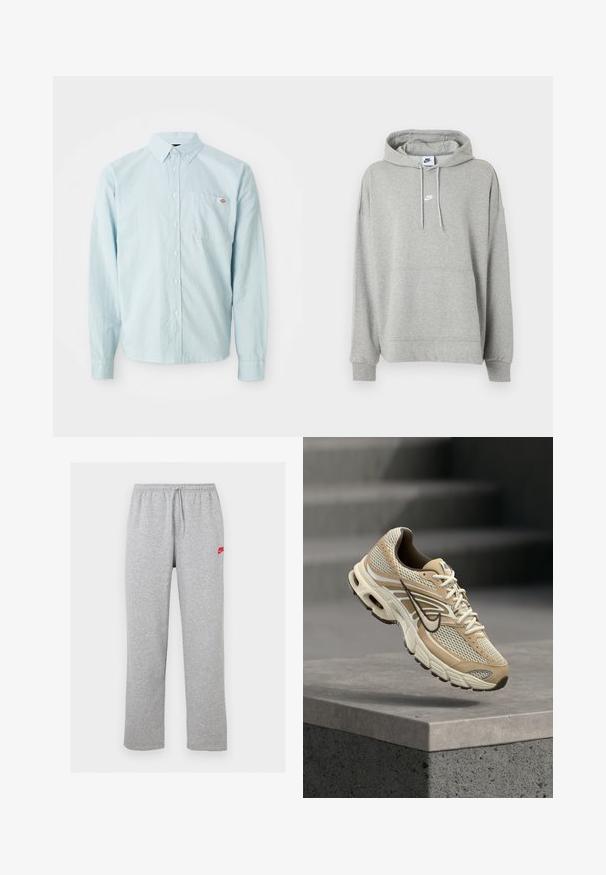 Lichtgrijze Nike hoodie met voorzak in kangoeroestijl, verstelbare capuchon met koord, geribbelde manchetten en klein wit Nike-logo op de borst.; Lichtblauw overhemd met lange mouwen en knoopsluiting, met een geknoopte kraag en borstzak die voorzien is van een klein rood-wit logo patch.; Lichtgrijze sweatpants met elastische tailleband en trekkoord, met klein rood Nike-logo op de bovenste linkerdij.; Beige en witte Nike hardloopschoen met mesh panelen en zwarte Swoosh, zwevend boven een betonnen richel met wazige trappen op de achtergrond.