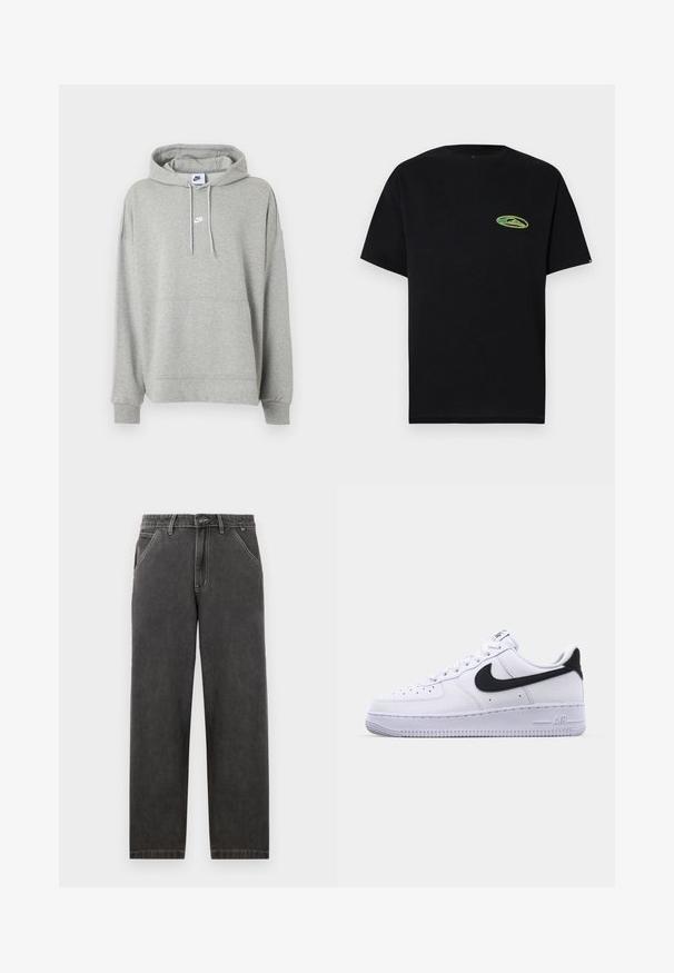 Hellgrauer Nike-Hoodie mit Kängurutasche vorne, verstellbarer Kapuze mit Kordelzug, gerippten Bündchen und kleinem weißen Nike-Logo auf der Brust.; Schwarzes T-Shirt mit kurzen Ärmeln und kleinem ovalem grünen und gelben Logo auf der linken Brust, vor weißem Hintergrund dargestellt.; Dunkelgraue Denim-Hosen mit geradem Schnitt, mit kontrastierenden weißen Nähten, einem Knopfverschluss und seitlichen Taschen.; Weißes Leder-Sneaker mit einem strukturierten schwarzen Swoosh, flachen Schnürsenkeln und einer Gummisohle mit genoppetem Muster. "AIR" ist auf der Ferse eingeprägt.