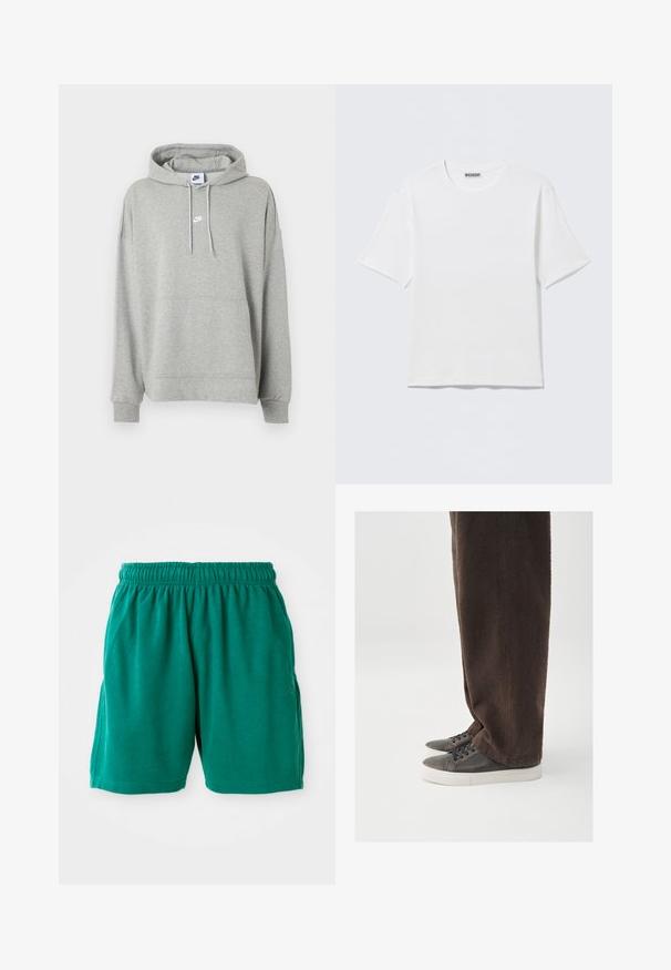 Svetlošedá mikina s kapucňou značky Nike, s predným vreckom typu klokanieho, nastaviteľnou šnúrkou na kapucni, rebrovanými manžetami a malým bielym logom Nike na hrudi.; Jednoduché biele tričko s krátkym rukávom a okrúhlym výstrihom, s malou nálepkou "WEEKDAY" na vnútornej zadnej časti goliera, položené na rovnej ploche.; Zelené bavlnené šortky s elastickým pásom, bočnými vreckami a prešitým lemom. Hladká textúra s uvoľneným, neformálnym strihom.; Tmavohnedé textúrované nohavice v kombinácii so sivými teniskami s hladkým koženým zvrškom, zaoblenou špičkou a bielou gumovou podrážkou.