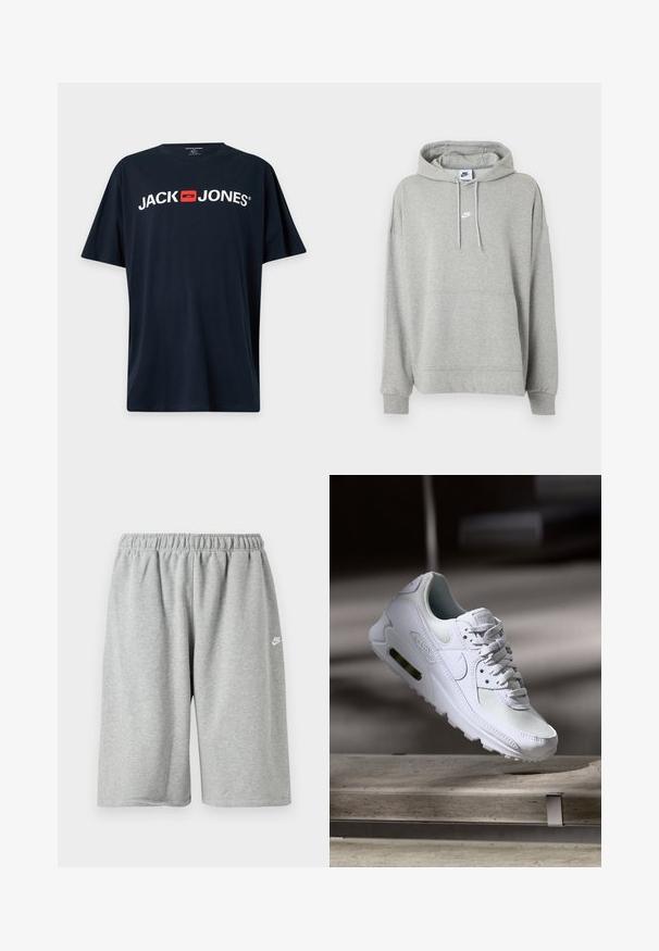 Svetlošedá mikina s kapucňou značky Nike, s predným vreckom typu klokanieho, nastaviteľnou šnúrkou na kapucni, rebrovanými manžetami a malým bielym logom Nike na hrudi.; Čierne tričko s krátkym rukávom s bielym textom "JACK JONES" a červeným štvorcovým logom umiestneným v strede hrudníka.; Sivé bavlnené kraťasy s elastickým pásom, voľného strihu a malým bielym logom blízko lemu. Hladká textúra, dĺžka nad kolená.; Biele tenisky Nike Air Max 90 s vrchnou časťou z kože a sieťoviny, perforovanou špičkou a viditeľnou vzduchovou jednotkou v päte.