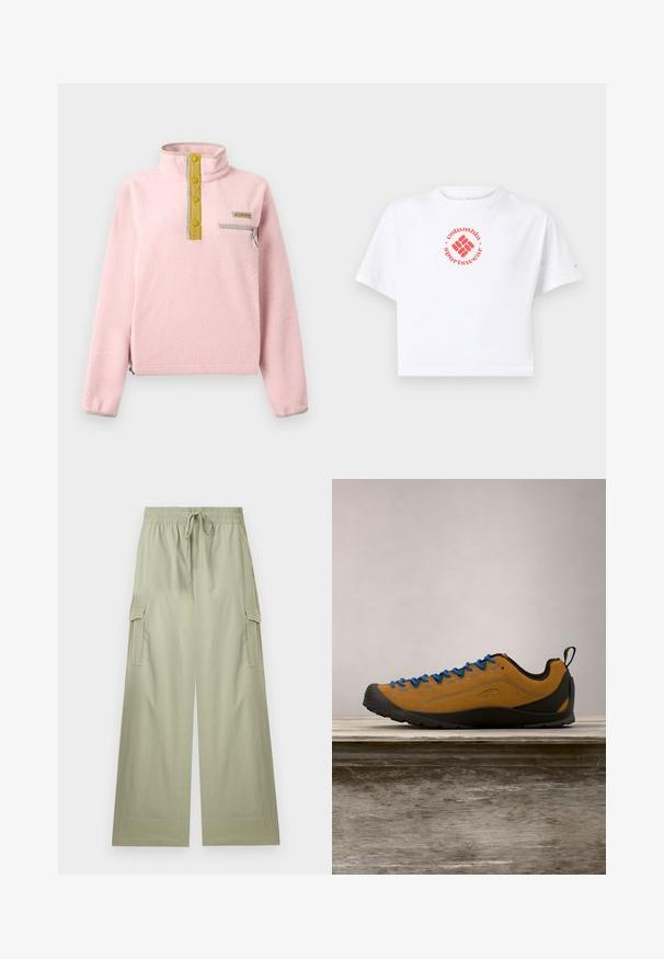 Lichtroze fleece trui met een hoge kraag, vier gele knopen, een grijze zak met rits en elastische afwerking aan de zoom en manchetten.; Witte cropped t-shirt met korte mouwen, voorzien van een rood rond Columbia Sportswear-logo in het midden van de borst.; Lichtgroene cargo-broek met wijde pijpen, elastische tailleband en trekkoord, met zijflappzakken en een ontspannen pasvorm.; Bruine suède outdoor schoen met blauwe veters, zwarte rubberen zool en een slank ontwerp. Beschikt over een trek lus aan de achterkant voor gemakkelijk aantrekken.