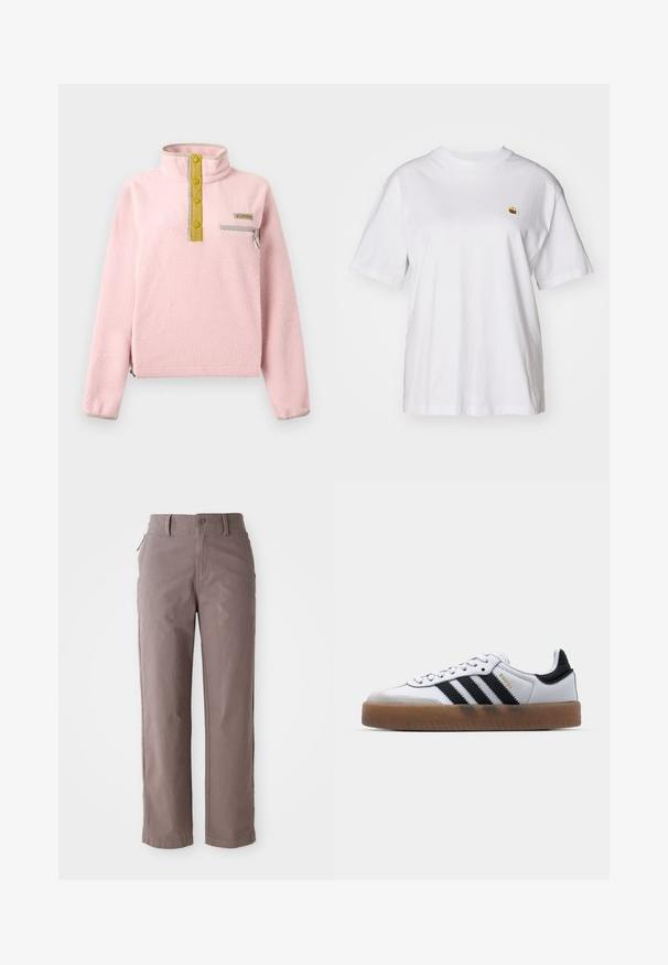 Lyserød fleecepullover med høj krave, fire gule knapper, en grå lynlåslomme og elastisk kant ved kant og ærmer.; Hvid bomulds-t-shirt med en afslappet pasform, korte ærmer og et lille broderet logo på venstre brystområde.; Brune bomulds twill bukser med lige ben, der har en frontknaplukning og sidelommer, glat tekstur og rene linjer.; Hvide lædersneakers med sorte striber, gummirubber sål, rund tå, snørelukning og blød grå ruskinds tåhætte.