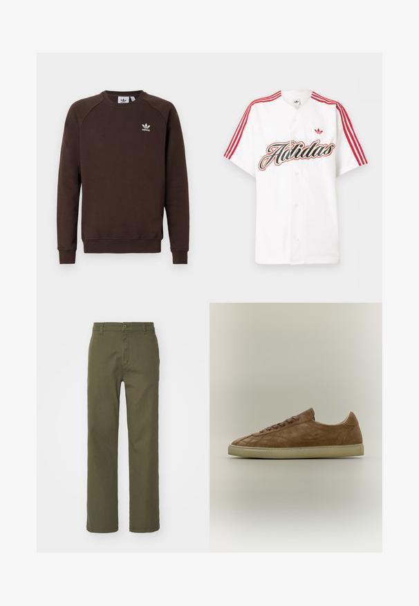 Sweat-shirt marron en matière douce, présentant un col rond, des poignets côtelés et un petit logo Adidas blanc sur la poitrine.; Chemise blanche à manches courtes avec des rayures rouges Adidas sur les épaules, un grand texte stylisé "Adidas" et un logo trèfle rouge sur la poitrine.; Pantalon vert olive avec une coupe droite, fermeture à bouton et à zip, et poches latérales. Le tissu semble lisse avec une légère texture.; Baskets basses en daim marron avec lacets assortis et semelle en caoutchouc beige, vues de profil sur fond neutre.