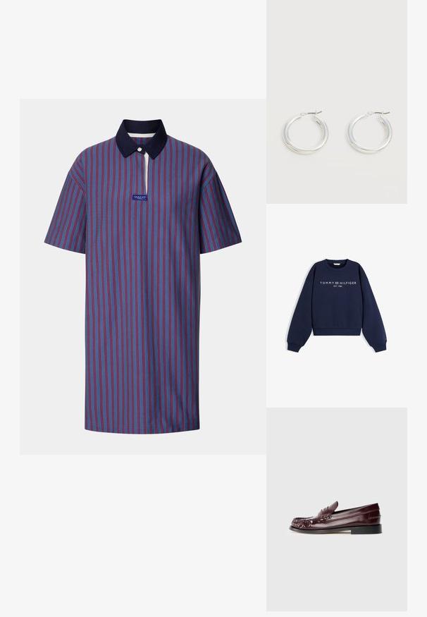 Tumesinine ümar kaelusega dressipluus pikade varrukate, soonikkoes mansettide ja äärega, millel on valge tekst "TOMMY HILFIGER EST. 1985" rinnal.; Sinine triibuline polo särk punaste triipudega, millel on tumesinine krae ja lühike tõmblukk, valmistatud tekstuursest kangast koos logoplaadiga.; Burgundi värvi nahast penny loafer musta tallaga ja kuldset tooni metalldetailiga vampi peal, näidatud külgvaates valgel taustal.; Keskmise suurusega läikivad hõbedased rõngakujulised kõrvarõngad õhukeste metallist kinnitustega heledal neutraalsel taustal.