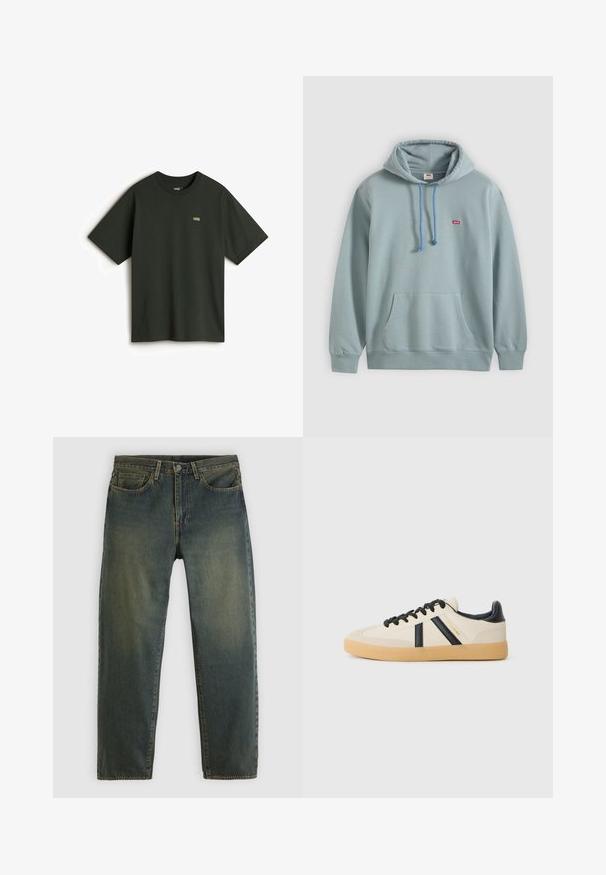 Lyseblå Levi's hættetrøje med frontlomme, justerbar snøre i hætten og lille rød Levi's-logo på brystet.; Vans T-shirts basic - dark green; Mørkegrønne denimjeans med fem-lommer design, knaplukning og lige ben, vist på en ensartet lys baggrund.; Casual sneakers i creme med sorte striber, med en tekstureret overdel og sål i gummigummi. Snørebåndene er sorte. Diskret logo på siden.
