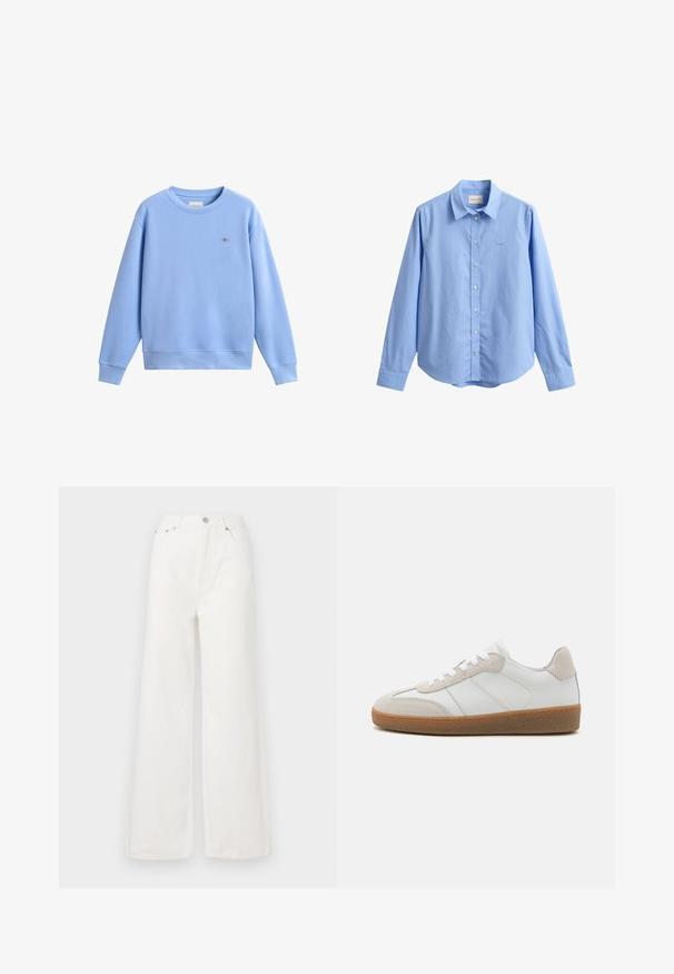 Sweat-shirt bleu clair à manches longues avec col rond, poignets et ourlet côtelés, petit logo brodé sur le côté gauche de la poitrine.; Chemise bleu clair à manches longues avec col, logo discret de la marque sur la poitrine et sept boutons blancs à l'avant.; Jeans large à taille haute blancs en denim. Comprend des poches avant, une fermeture à bouton et des détails d'ourlet effiloché.; Baskets en cuir blanc avec des accents en suède beige, languette texturée et semelle en caoutchouc. Elles sont dotées de lacets blancs et de détails couture subtils.