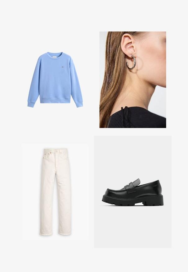 Sudadera azul claro de manga larga con cuello redondo, puños y bajo acanalados, pequeño logo bordado en el pecho izquierdo.; Jeans de mezclilla blanca con un diseño de pierna recta, estilo de cinco bolsillos y detalles de hardware en color cobre. Acabado sin dobladillo en los tobillos.; Mocasines de cuero negro con suela gruesa y texturizada, que presentan una correa sobre el empeine y un acabado suave y pulido.; Pendiente de aro de plata con un acabado pulido, que presenta pequeños detalles en dorado y una forma redonda, llevado en el lóbulo.