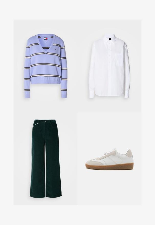 Suéter de cuello en V de color púrpura claro con rayas horizontales en negro y blanco, puños acanalados y un pequeño logo en el lado superior izquierdo.; Camisa blanca de botón hecha de algodón, con cuello clásico, mangas largas, un bolsillo en el pecho y una textura suave y crujiente.; Pantalones de pana de pierna ancha en verde oscuro. Presentan una textura acanalada horizontal, bolsillos frontales y cierre con botones con detalles de marca.; Deportivas de cuero blanco con acentos de ante beige, lengua texturizada y suela de goma. Presenta cordones blancos y detalles sutiles de costura.