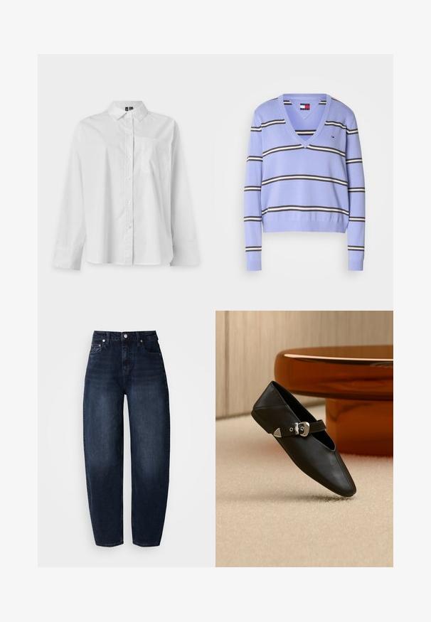 Pull léger violette en V avec des rayures horizontales noires et blanches, des poignets côtelés et un petit logo en haut à gauche.; Chemise blanche à manches longues, boutonnée, avec col et poche poitrine, présentée sur un fond clair uni.; Jean en denim bleu foncé à coupe décontractée, présentant une taille haute, une coupe droite et un style classique à cinq poches.; Chaussure plate en cuir noir avec bout pointu et bride à boucle argentée, posée sur un tapis beige devant une table ronde de couleur ambre.
