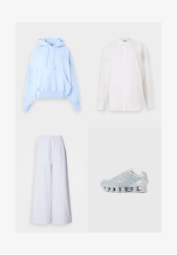 Sudadera con capucha azul claro, bolsillo canguro delantero, capucha con cordón, puños acanalados y pequeño logo blanco de Nike en el pecho.; Camisa blanca de botones hecha de tela suave. Presenta un cuello clásico, mangas largas y un corte recto sin patrones ni embellishments visibles.; Pantalones de pierna ancha blancos con rayas azul claro, con cintura elástica ajustable y una tela texturizada.; Zapatilla deportiva gris claro con suela acolchada segmentada y parte superior de malla, con un logo swoosh en el lateral.