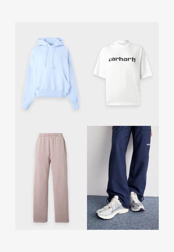 Sweat à capuche bleu clair avec poche kangourou à l'avant, cordon de serrage à la capuche, poignets côtelés et petit logo blanc Nike sur la poitrine.; T-shirt en coton blanc avec col rond et manches courtes. Logo noir "carhartt" imprimé sur la poitrine. Design simple, coupe décontractée.; Pantalons de jogging mauve ample avec taille élastiquée et poches latérales sur fond blanc uni.; Baskets de sport Nike avec une tige en maille argentée, des accents blancs et des semelles texturées, associées à un pantalon marine ample.