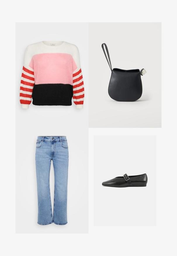 Mønstret strikket sweater i flere farver med rund hals; har et mønster i hvid, pink og sort med røde og hvide stribede ærmer.; Lysblå vidde jeans lavet af denim, med fem lommer, en frontlynlås og en knaplukning. Subtile syninger langs sømmene.; Sorte læder flade sko med spidse tæer, prydet med en metallisk spænde over vristen og en lav, fleksibel sål.; Sort læder håndledspung med rundet bund og sølvspænde på en ensfarvet hvid baggrund.