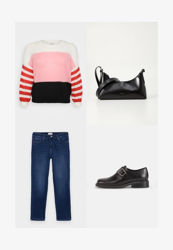 Mønstret strikket sweater i flere farver med rund hals; har et mønster i hvid, pink og sort med røde og hvide stribede ærmer.; Mørkeblå denim jeans med lige pasform, fem-lomme design, synlige sømme og en metalknaplukning i taljen.; Sorte læder herresko med rund tå, detaljer med sidelukning, og en struktureret sål, sat mod en simpel hvid baggrund.; Sort læderhåndtaske med en glat tekstur. Har en justerbar stropp og et enkelt, minimalistisk design med lynlås.
