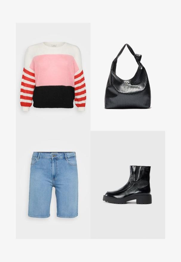 Mønstret strikket sweater i flere farver med rund hals; har et mønster i hvid, pink og sort med røde og hvide stribede ærmer.; Lys blå denim shorts med klassisk pasform, der har en frontknaplukning, bæltestropper og to sidelommer. Glat tekstur og lige kant.; Sorte ankelstøvler med en blank patentlæderfinish, chunky sort gummisål og hævet hæl; inkluderer subtilt logodetalje på siden.; Sort vævet lædertaske med en afslappet design, der har et knyttet rem og en lille dekorativ guldstud foran.