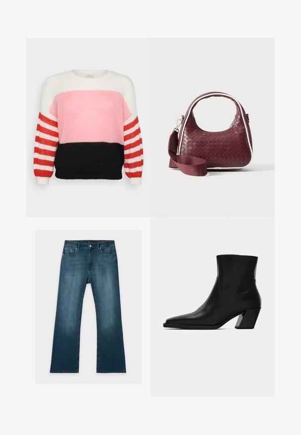 Mønstret strikket sweater i flere farver med rund hals; har et mønster i hvid, pink og sort med røde og hvide stribede ærmer.; Blå jeans med lige ben, foran- og baglommer, knap- og lynlåslukning og subtile falmede detaljer på lår og knæ.; Sortlæder ankelstøvle med spids tå, en slank silhuet og en kraftig firkantet hæl. Glat tekstur med minimale stikninger.; Mørkerød vævet lædertaske med buet hank, hvid kant, sølv lynlås og aftagelig bred stofskulderrem mod en ensfarvet baggrund.