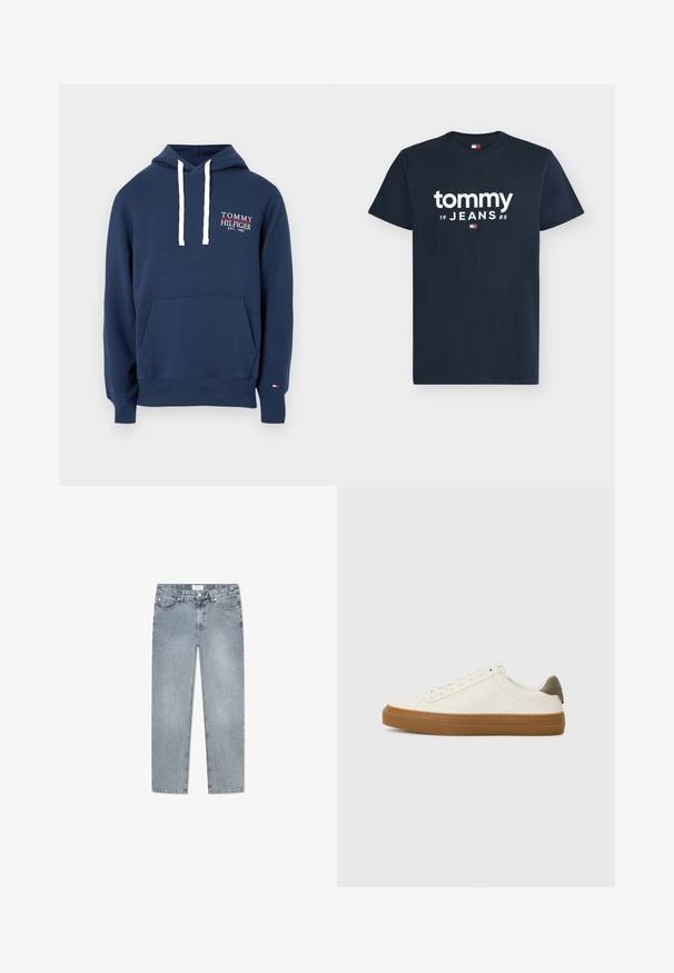 Marineblauer Hoodie mit weißen Kordeln, Fronttasche sowie weiß-rotem Tommy Hilfiger-Logo auf der Brust und kleinem Flaggen-Detail am Ärmelbündchen.; Marineblaues T-Shirt mit Rundhalsausschnitt, weißem Schriftzug "tommy JEANS 1985" und kleinem roten, weißen und blauen Tommy Hilfiger-Logo auf der Brust.; Hellblaue Jeans aus Denim mit geradem Schnitt, Fünf-Taschen-Design, Knopfverschluss, dezentem Verblassen und gestickten Details entlang der Taschen.; Weiße Leder-Sneaker mit abgerundetem Zehenbereich, Gummisohle in Kautschukoptik und olivgrünem Fersenakzent. Besitzt eine Schnürung und minimales Nähen.