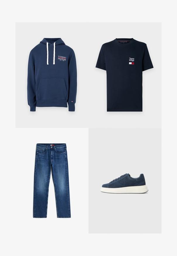 Marineblå hættetrøje med hvide snore, frontlomme og hvid-rødt Tommy Hilfiger-logo på brystet samt et lille flag på manchet.; Mørkeblå bomuld T-shirt med korte ærmer, med en lille broderet "Tommy Hilfiger"-logo og flagdesign på brystet.; Blå cowboybukser med fem lommer, let falmning på lårene og en knap- og lynlåslukning ved taljen.; Marineblå suede sneakers med en hvid gummisål, der har seks snørrehuller, en struktureret foring og et minimalistisk design med subtile syninger.