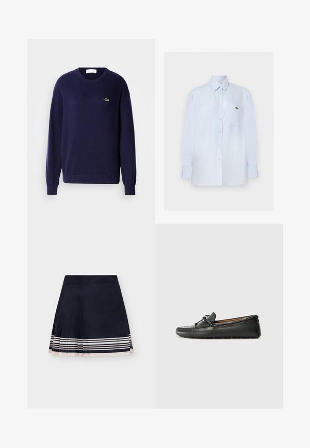 Pull en tricot bleu marine à col ras du cou, doté de manches longues et d'un petit logo crocodile vert sur la poitrine.; Chemise bleu clair à manches longues avec boutons, poche poitrine et petit logo crocodile vert sur la poche.; Jupe plissée bleu marine avec des rayures horizontales blanches et beiges près de l'ourlet, ceinture plate et fermeture latérale à boutons.; Bateau en cuir noir avec un bout arrondi, des détails de couture, un petit accent en nœud et une semelle en caoutchouc. Texture lisse et design épuré.