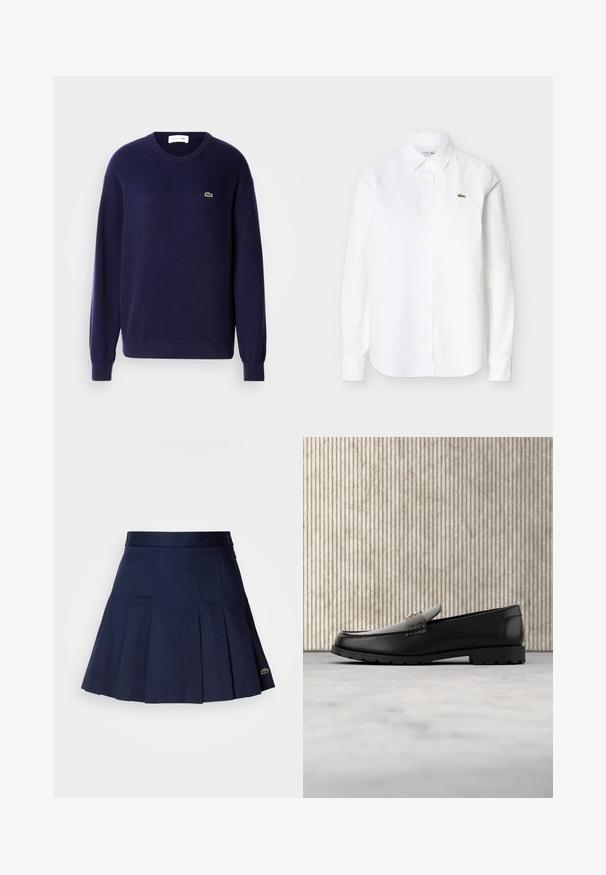 Marineblauwe crewneck trui van zacht gebreid materiaal, met lange mouwen en een klein groen krokodillenlogo op de borst.; Wit overhemd met lange mouwen en knopen, voorzien van een kraag en een klein groen krokodillenlogo op de linkerborst.; Marineblauwe plooienrok met een aangesloten tailleband, gemaakt van een soepele stof. Beschikt over een klein Lacoste-logo op de zoom.; Zwarte leren loafers met een verhoogde naad, gouden accentlogo en gestructureerde band. Voorzien van een dikke, duurzame rubberen zool.