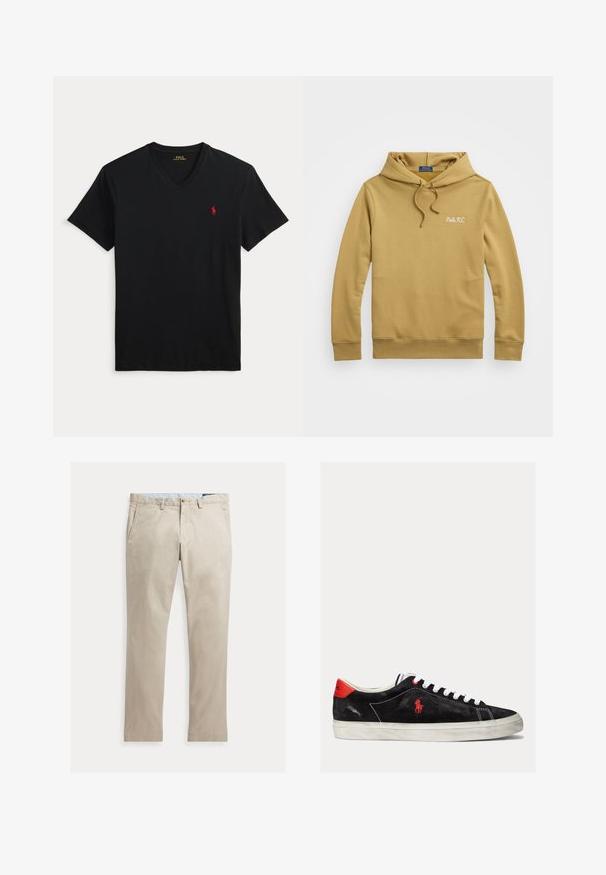 Sudadera con capucha marrón en una suave mezcla de algodón. Cuenta con un bolsillo canguro frontal y un logo bordado "Polo R.L." en el pecho.; Camiseta negra de manga corta con escote en V y pequeño logo rojo de Polo Ralph Lauren en el pecho izquierdo.; Pantalones de algodón beige de pierna recta con bolsillos delanteros, trabillas para cinturón, cierre de botón y cremallera, mostrados extendidos sobre un fondo blanco.; Zapatillas de ante negro con cordones blancos, acentos rojos en el talón y un pequeño logo rojo. Presenta una suela de goma plana y un cosido sencillo.