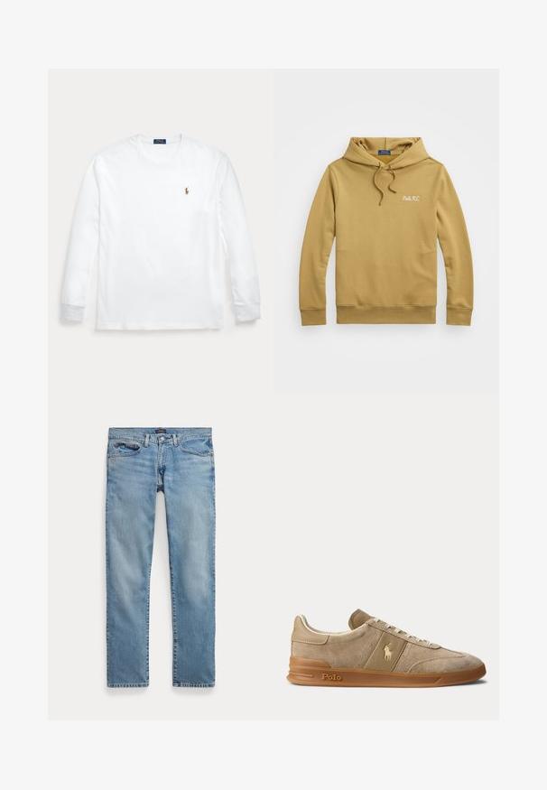 Sudadera con capucha marrón en una suave mezcla de algodón. Cuenta con un bolsillo canguro frontal y un logo bordado "Polo R.L." en el pecho.; Camiseta blanca de manga larga con cuello redondo y pequeño logo bordado de Polo Ralph Lauren en el pecho izquierdo.; Vaqueros de mezclilla azul claro de corte recto con bolsillos delanteros y cierre de botón, colocados planos sobre un fondo blanco.; Zapatilla beige de ante y cuero con suela de goma, cordones blancos y logo Polo en el lateral y la suela.