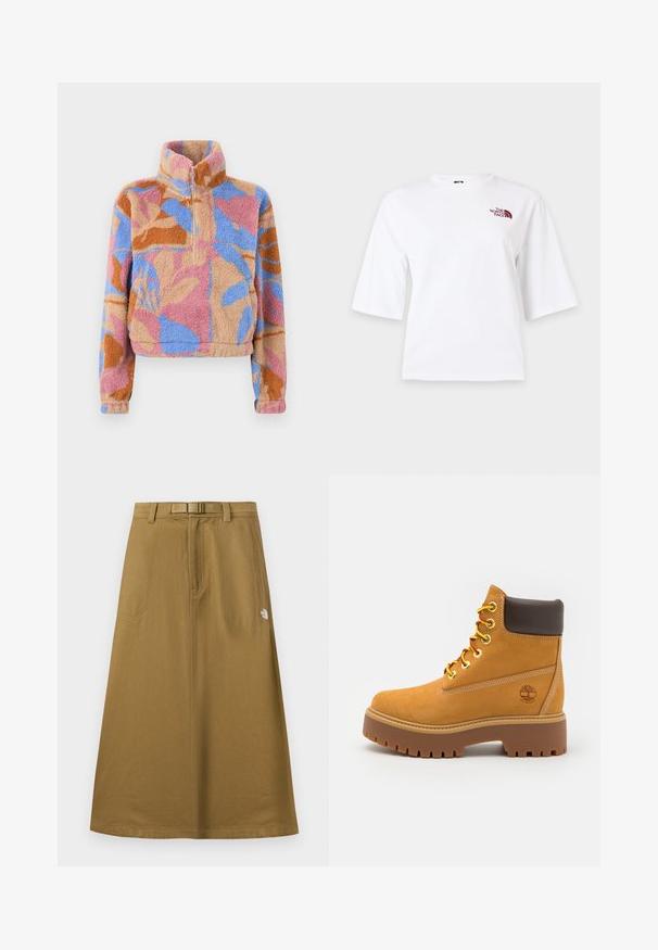 Half-zip fleecejack met abstract bloemenpatroon in roze, blauw, beige en oranje kleuren op zacht gestructureerde stof.; Witte T-shirt met korte mouwen, ronde hals en klein kastanjebruin "The North Face" logo op de linker bovenborst.; Lange, beige buitenrok met voorzakken, geïntegreerde riem en het The North Face-logo aan de rechterkant.; Tan waterdichte enkelboot met een stevige rubberen zool, ronde neus, bruine leren kraag, gele veters en een logo aan de zijkant.