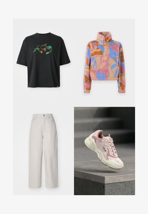 Halv-lynlås fleecejakke med abstrakt blomstermønster i pink, blå, tan og orange farver på blødt, tekstureret stof.; Sort bomulds T-shirt med en afslappet pasform. Har et farverigt grafisk design i grøn og orange på forsiden. Korte ærmer, rund halsudskæring.; Beige brede benbukser i cotton med høj talje, knap- og lynlås-lukning og fire lommer; glat tekstur med denim-finish.; Lyserød og hvid FILA-sneaker svæver over en betonafsat med en sløret grå baggrund.