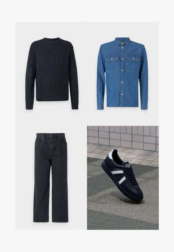 Donkerblauwe gebreide trui met een gestructureerd kabelpatroon, ronde halslijn en geribbelde zoom en manchetten. Zachte stof, lange mouwen.; Denim shirt in donkerblauw, met lange mouwen en knoopmanchetten, puntige kraag, twee borstzakken en een knoopsluiting aan de voorkant met gouden hardware.; Donkerblauwe denimbroek met een wijde pijp, vijf zakken en een knoopsluiting. Inclusief hardware in koperkleur en een subtiele textuur.; Zwarte leren sneaker met witte strepen, een gestructureerde rubberen zool en vetersluiting aan de voorkant. Voorzien van een merklabel op de tong.