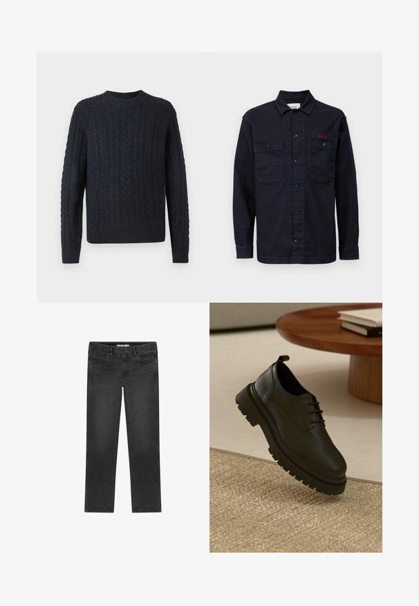Tumesinine kootud kampsun tekstuurse palmiku mustriga, ümmarguse kaelusega ning soonilise ääre ja varrukaservadega. Pehme kangas, pikad varrukad.; Tume sinine denim särk pikkade varrukatega, nööpidega ees, kahe rinnataskuga ja väikese punase "REPLAY" logoga vasakul taskul.; Mustad õigete sääreosadega Wrangler teksad esiküljel nööbi, tõmbluku, vööaasad ja viie tasku disainiga valgel taustal.; Mustad must kingad, millel on tekstureeritud pind, ümar varvas, nööbid ja jäme must kummitald. Rippuv kudumisvaibal.