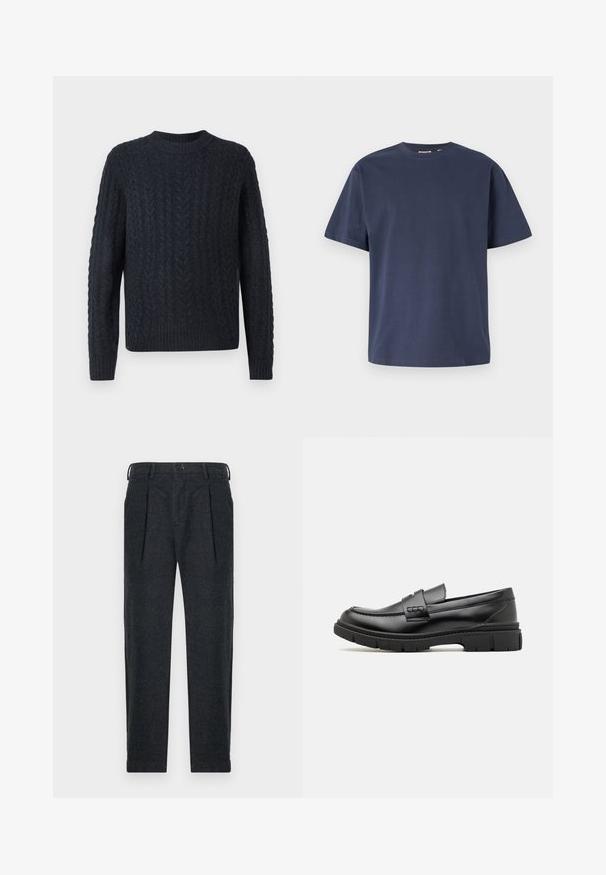 Mørkeblå strikket sweater med tekstureret kabelmønster, rund halsudskæring samt ribbet kant og ærmegab. Blødt stof, lange ærmer.; Mørkeblå bomulds T-shirt med rund halsudskæring og korte ærmer. Glat tekstur, lige snit og minimale sømme, hvilket giver et klassisk design.; Grå uld-blandede bukser med to frontindfoldninger, bæltestropper, sidelommer og knaplukning. Lige ben-design med en glat tekstur.; Sort læder loafersko med en bred rem over forfoden, gummisål med tykke mønstre og glat overflade. Klassisk, slankt design.