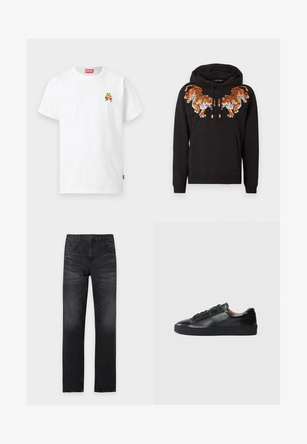 Sweat à capuche noir avec deux tigres orange brodés se faisant face sur la poitrine et une poche kangourou à l'avant.; T-shirt Diesel blanc à manches courtes avec une petite grenouille colorée tenant un logo Diesel rouge sur le côté gauche de la poitrine.; Jean noir à jambes droites avec poches avant, passants de ceinture et détails subtilement délavés sur les cuisses.; Baskets en cuir noir avec une texture lisse, bout rond et fermeture à lacets. Comprend une semelle en caoutchouc épaisse et un minimum de détails de marque.