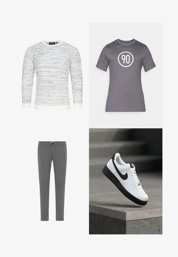INDICODE JEANS MANFRED - Striktrøje - offwhite; Grå T-shirt lavet af bomuld, med en rund hvid grafik med tallet "90" i centrum. Kortærmet og med rund halsudskæring.; Grå skræddersyede bukser lavet af struktureret stof, med en standard talje med bæltestropper, lynlåsfront og enkelt knappelukning.; Hvid lædersneaker med sorte detaljer, rundet tå og perforerede detaljer. Sort gummisål med tekstureret mønster og snørelukning.
