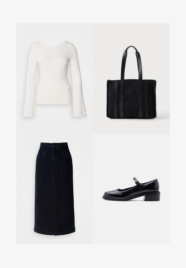 Hvid langærmet top med figursyet design, prydet med teksturerede zigzag-mønstre og bådhalsudskæring. Fremstillet af et blødt, let vævet stof.; Mørk denim midi nederdel med høj talje, frontknaplukning og sidelommer; har en lige skæring og en subtil kantdetalje.; Sort laklæder Mary Jane-sko med lav blokhæl og justerbar rem med spænde på ensartet lys baggrund.; Sort rektangulær tote taske med to lange håndtag og lodrette læder accenter foran, sat mod en ensfarvet lys baggrund.