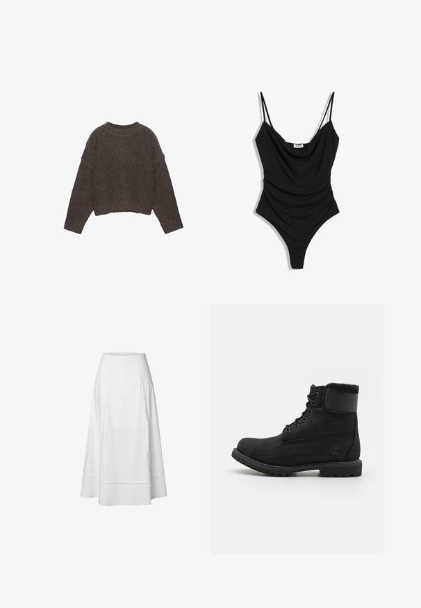 Brun, kort trøje med struktureret strikkedesign, brede ærmer og ribbet halsudskæring, med en afslappet pasform.; Sort ærmeløst bodystocking med tynde stropper, en draperet halsudskæring og rynket stofdetalje langs kroppen.; Hvid A-linje midi nederdel med syninger og paneldetaljer samt en figursyet talje, vist mod en ensfarvet baggrund.; Sorte læder ankelstøvler med rund tå, snørelukning foran, imitation pelskrave og gummisål. Har et mærket logo på siden.