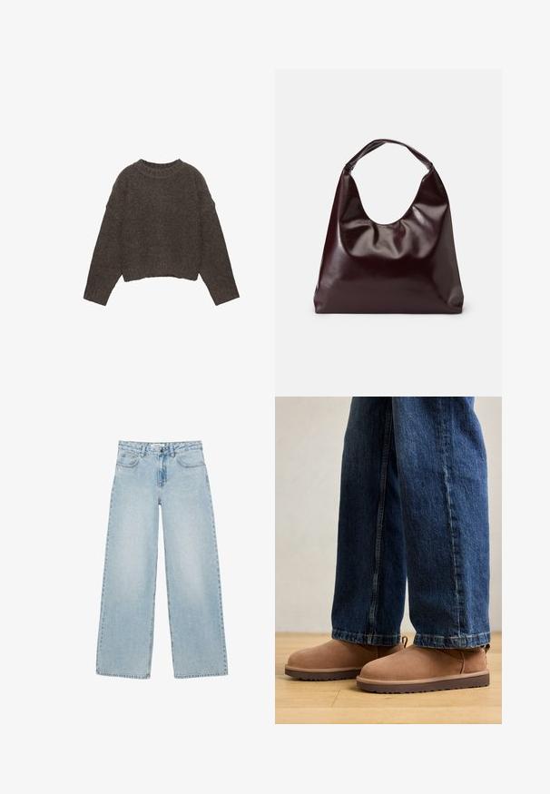 Bruine, korte trui met een gestructureerd gebreid ontwerp, wijde mouwen en een geribde halslijn, met een ontspannen pasvorm.; Lichtblauwe wijde jeans met voor- en achterzakken, knoop- en ritssluiting, en subtiele strass-steentjes als versiering.; Bruine suède enkelboots met een platte zool, ronde neus en een klein aantrek-lipje, gecombineerd met blauwe denim jeans met een rechte pasvorm.; Bordeaux, glanzende vegan leren totebag met een zachte, sculpturale vorm en een brede, gebogen handgreep voor makkelijk dragen.