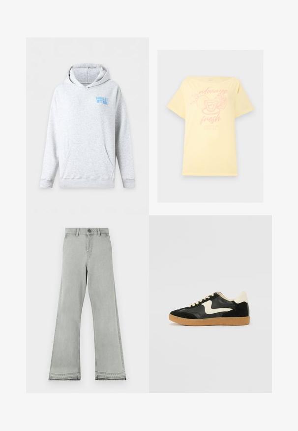 Sweat à capuche gris clair avec poche à l’avant et petit logo bleu "Hollister" sur le côté gauche de la poitrine.; T-shirt jaune pâle avec un graphisme rose de tranches d'orange et d'une tasse à thé et le texte « toujours du soleil frais à chaque gorgée » sur le devant.; Jean évasé gris clair en denim, doté d'une fermeture par bouton, d'une ceinture droite et d'une texture légèrement usée aux ourlets.; Baskets en daim et cuir noir avec un swoosh latéral crème et un talon crème clair. Dotées de lacets beige et d'une semelle en caoutchouc gomme.