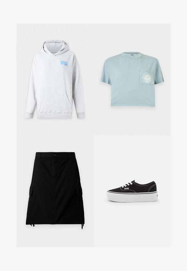 Lysegrå hættetrøje med frontlomme og lille blåt "Hollister" logo på venstre brystområde.; Lyseblå kort T-shirt med korte ærmer og en brystlomme med en hvid sol og ansigtsgrafik med teksten "VOLCOM".; Sort cargo-nederdel lavet af bomuldsblandingsstof med lige snit, med sidelommer, forreste knaplukning og justerbar snor i kanten.; Sort lærred sneakers med en hvid gummi platform sål, der har hvide snørebånd og syninger, ikonisk branding på siden, lav-top design.