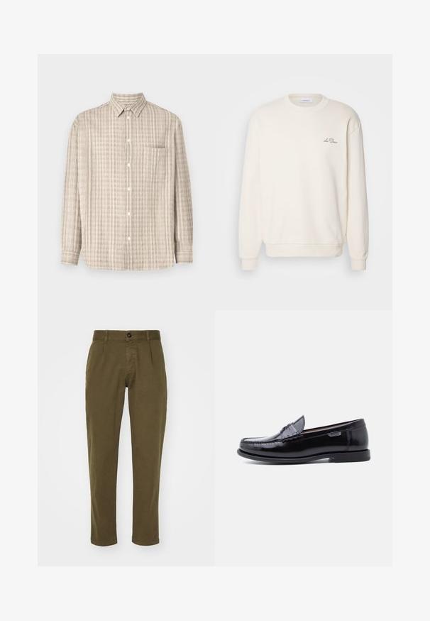 Sweatshirt couleur crème avec col rond, poignets et ourlet côtelés. Présente un petit logo brodé sur la poitrine gauche. Texture douce.; Chemise à boutons en beige clair, avec un motif à carreaux, des manches longues, une poche poitrine et un col classique.; Pantalons en coton vert olive avec une coupe droite, dotés d'une fermeture à bouton à l'avant, de passants de ceinture et de poches latérales. Texture lisse.; Mocassins en cuir noir avec une finition brillante, présentant un motif cousu sur l'avant-pied et une semelle en caoutchouc noire texturée et basse.