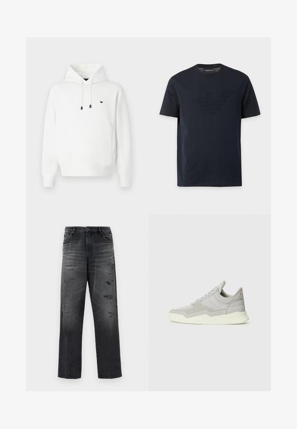 Witte hoodie gemaakt van zachte stof, met een kangoeroezak, trekkoorden en een klein donker logo op de borst. Geribbelde boorden en zoom.; Zwart T-shirt met korte mouwen en ronde hals, met een subtiel reliëf adelaarlogo op de borst en een merklapje binnenin de kraag.; Zwarte denim jeans met een relaxte pasvorm, voorzien van een vervaagd ontwerp en versleten patches. Standaard vijf-pocketstijl en een knoopsluiting.; Grijze sneaker met mesh- en suede-secties, rubberen zool en lichte accenten. Heeft een gebogen ontwerp en textuurlakken.