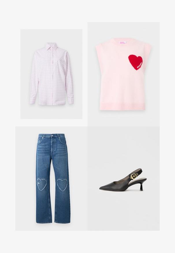 Veste tricotée sans manches rose clair avec bords côtelés et un cœur rouge sur la poitrine brodé du mot « FUTURE ».; Chemise à manches longues à carreaux rose clair et blanc, boutonnée sur le devant, avec col pointu et poche en forme de cœur cousue sur la poitrine gauche.; Jean en denim bleu à jambes larges, taille haute, avec des patchs en forme de cœur effilochés sur les deux genoux, bouton et poches à l'avant.; Chaussure à talon haut noire à bride arrière, avec un bout pointu, une texture en cuir lisse et une accent de boucle dorée sur la bride.