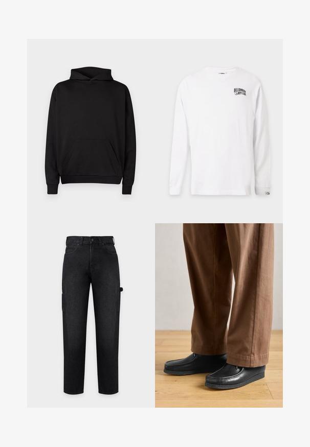 Sort hættetrøje lavet af blødt stof, med en frontlomme, justerbar snoretrækhætte og ribbede manchetter. Enkel og udekoreret design.; Hvid langærmet rundhalset skjorte med lille sort "Billionaire Boys Club" logo på øverste venstre bryst og logomærke på venstre manchet.; Sorte denim bukser med lige ben med for- og sidelommer, bæltestropper og knaplukning i taljen.; Sorte lædersko med mokkasin-design og syningdetaljer, parret med brune bukser, på et trægulv.