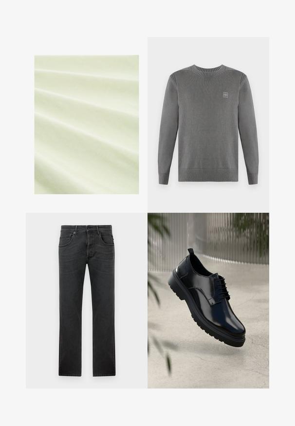 TOM TAILOR WASHED CREWNECK - Jersey de punto - dark grey; Tela verde clara con una textura suave, que muestra pliegues superficiales. El material parece ligero y ligeramente reflectante bajo una luz suave.; Pantalones vaqueros negros de corte recto, hechos de denim, con cinco bolsillos, trabillas para el cinturón y un cierre de botón con cremallera. Textura ligeramente deslavada.; Zapato de cuero negro con un acabado brillante, puntera redonda, diseño de cordones, costuras de contraste y una suela de goma gruesa con patrones de tracción.